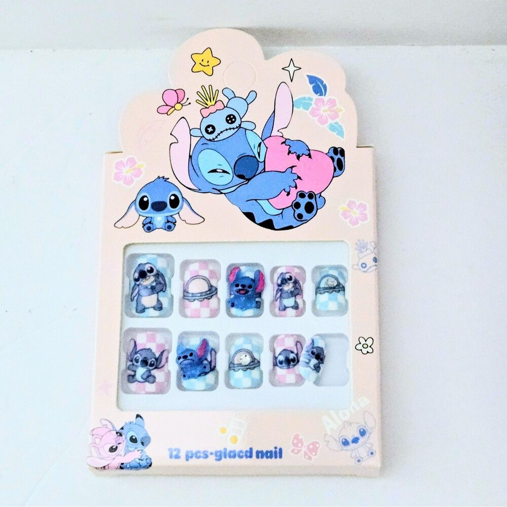 PRESS ON NAILS Disney Stitch 3D Art #4 For Kid/Teen *12 Nails Set* with Glue NEW